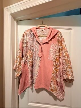 POL Mixed Floral Patchwork Hoodie top in Pink and Tan